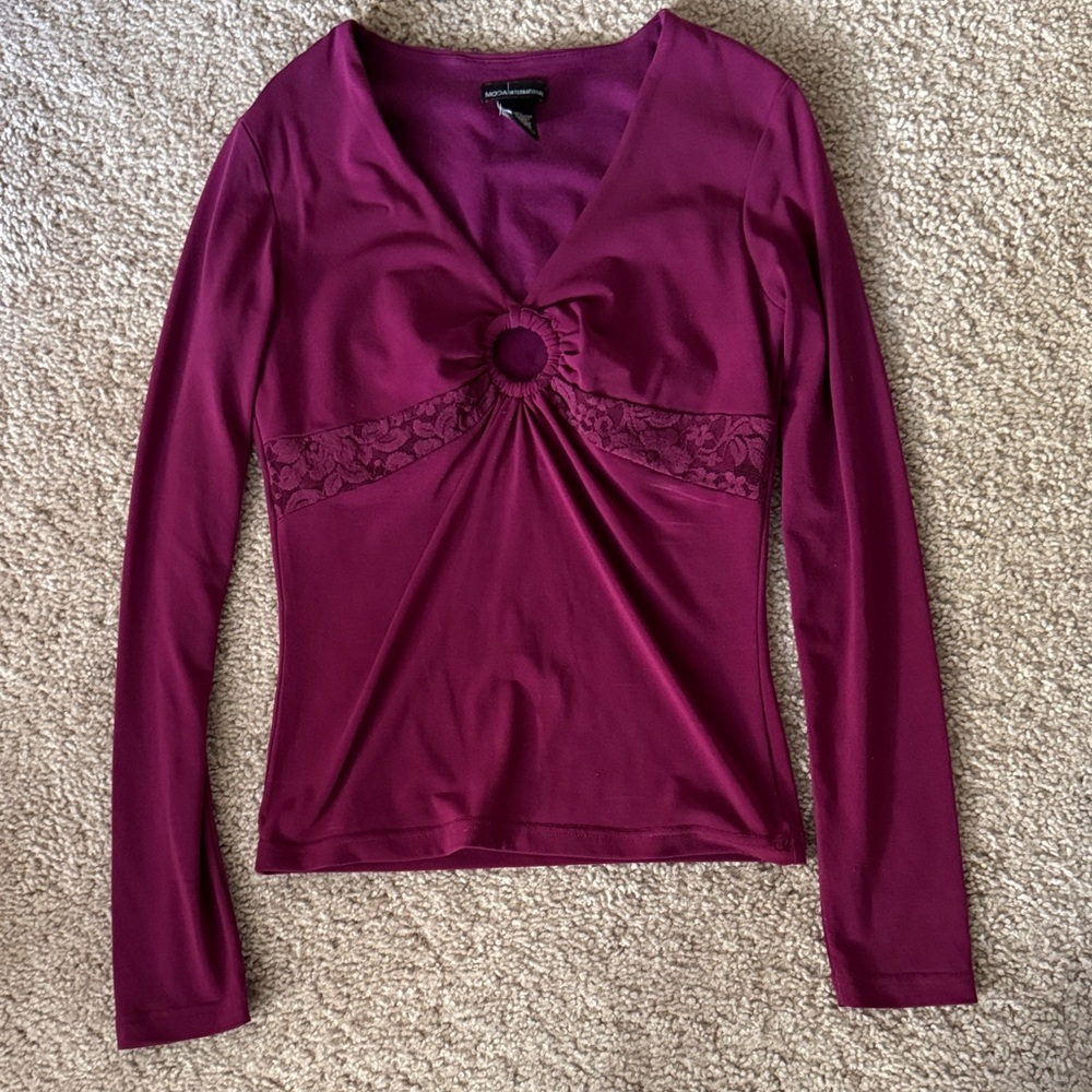Moda International Burgundy Long Sleeve Top with Floral Detail
